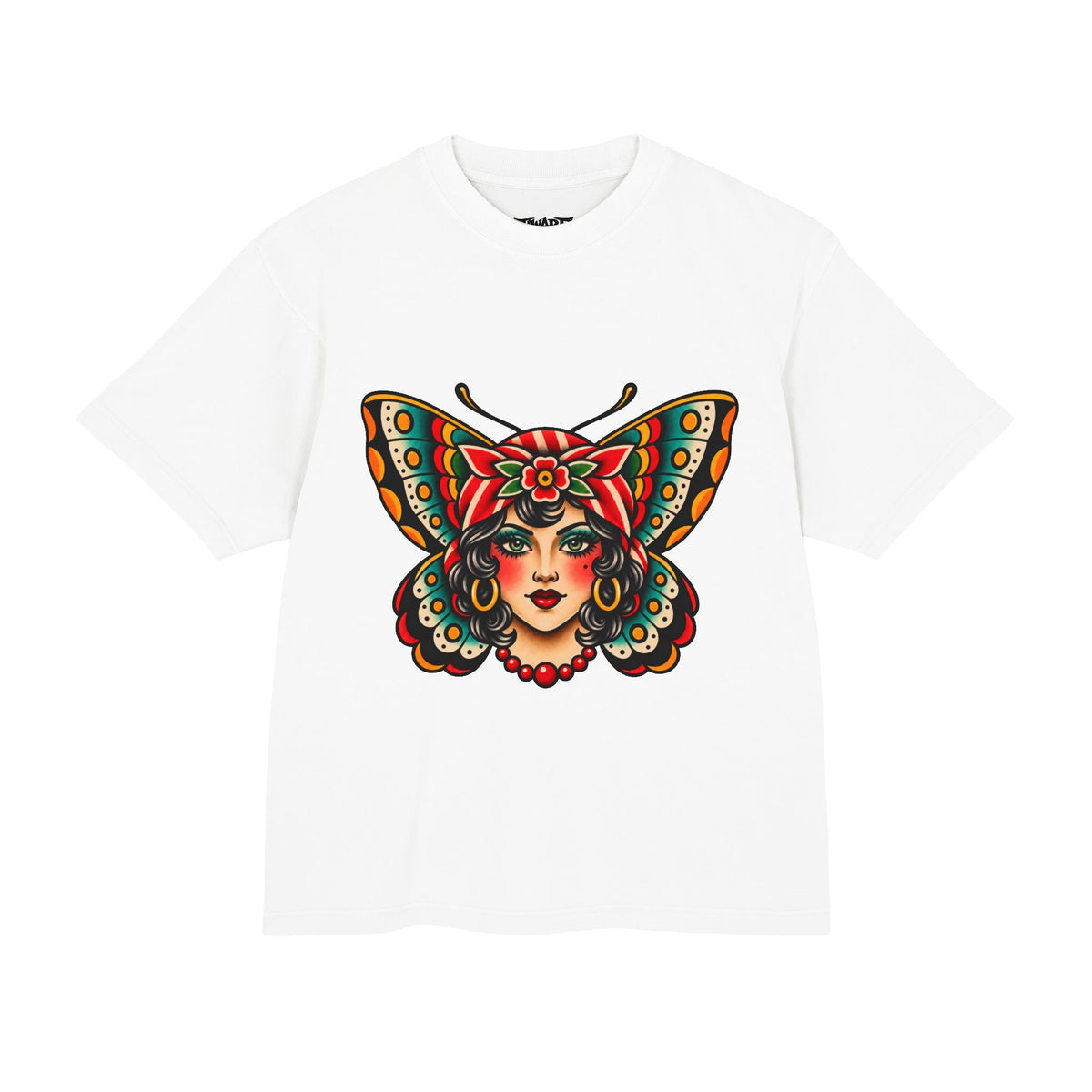 Butterfly Femme Tattoo Tee — Vintage Moth Lady Graphic T-Shirt