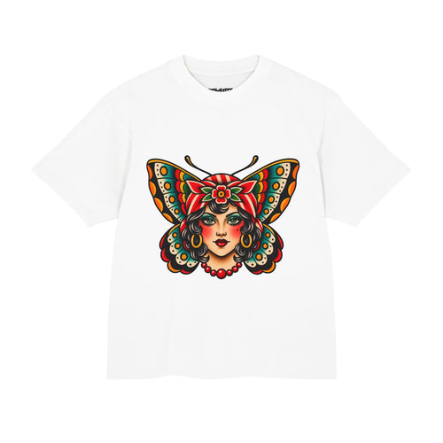 Butterfly Femme Tattoo Tee — Vintage Moth Lady Graphic T-Shirt