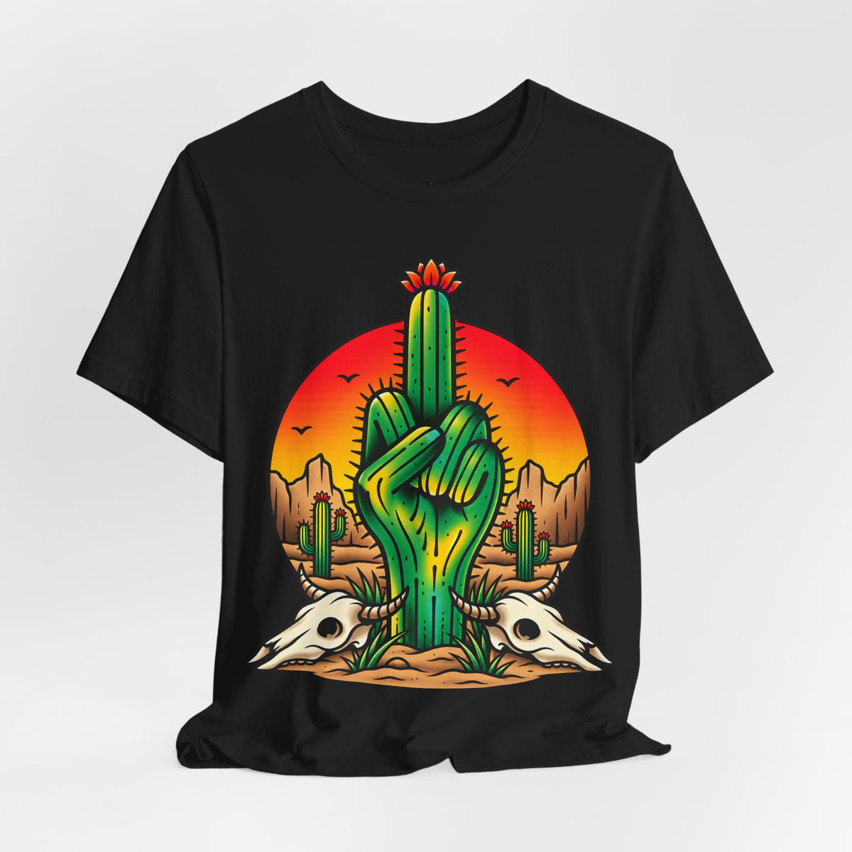 Cactus Middle Finger Tee — Desert Sunset Graphic T-Shirt