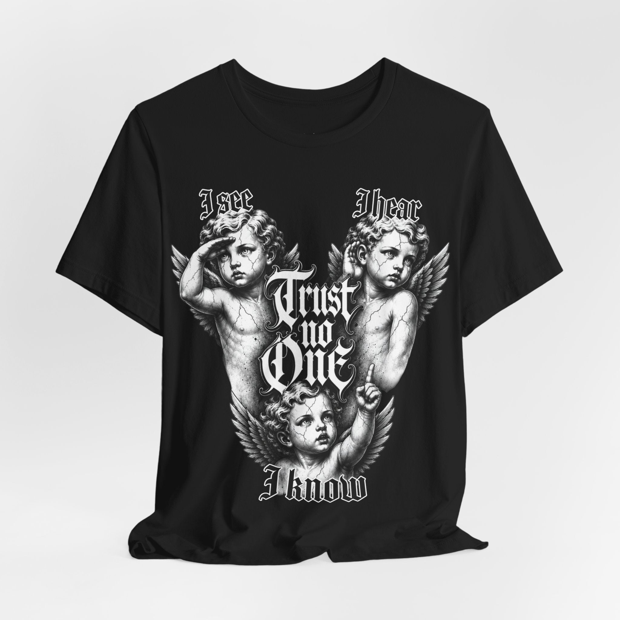 Cherub Gothic Tee — "I See I Hear I Know, Trust No One" Graphic T-Shirt