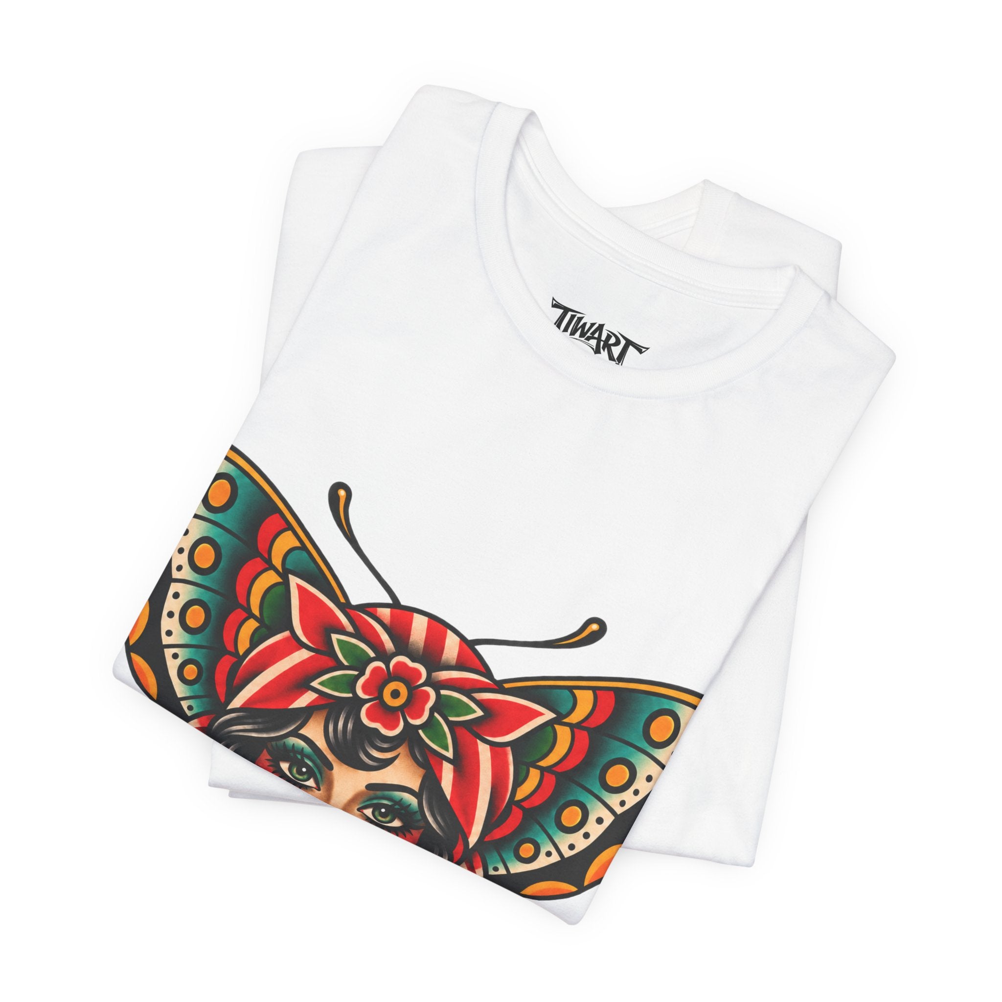 Butterfly Lady Tee — Vintage Tattoo Style Women's Face Graphic T-Shirt