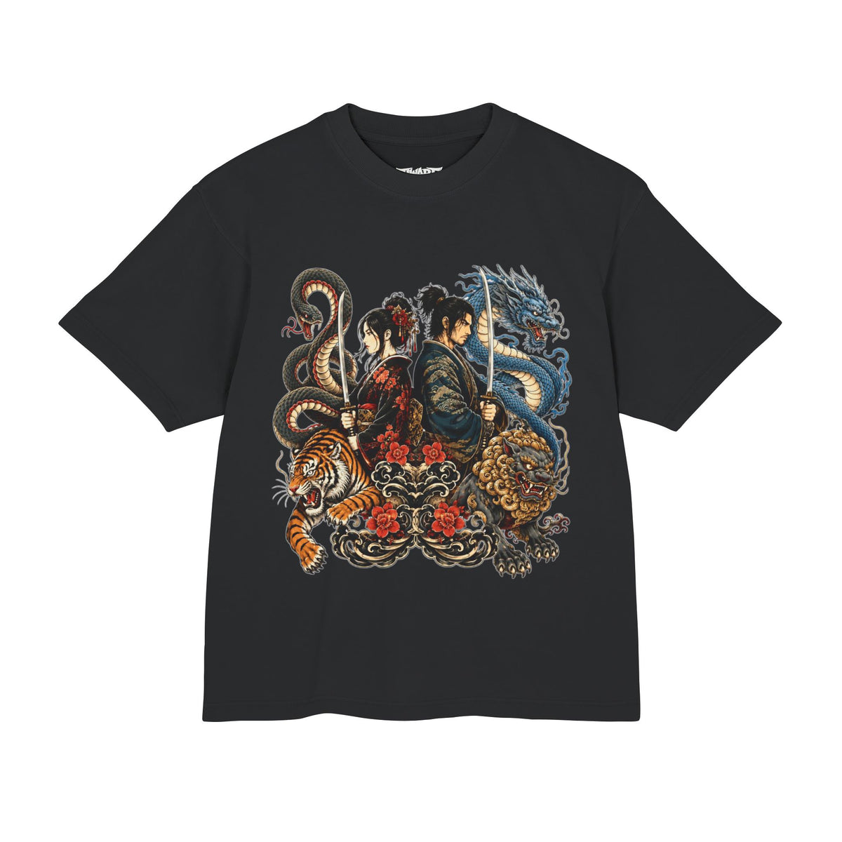 Samurai & Mythical Beasts Graphic Tee - Dragon, Tiger & Snake Japanese Tattoo Design