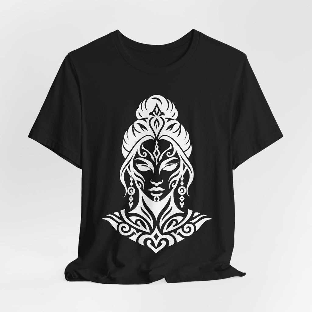 Tribal Goddess Tee — Black Ornamental Female Face Graphic T-Shirt