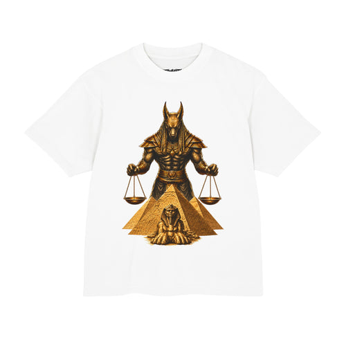 Anubis Justice T-Shirt — Egyptian Anubis with Scales & Pyramid Graphic Tee