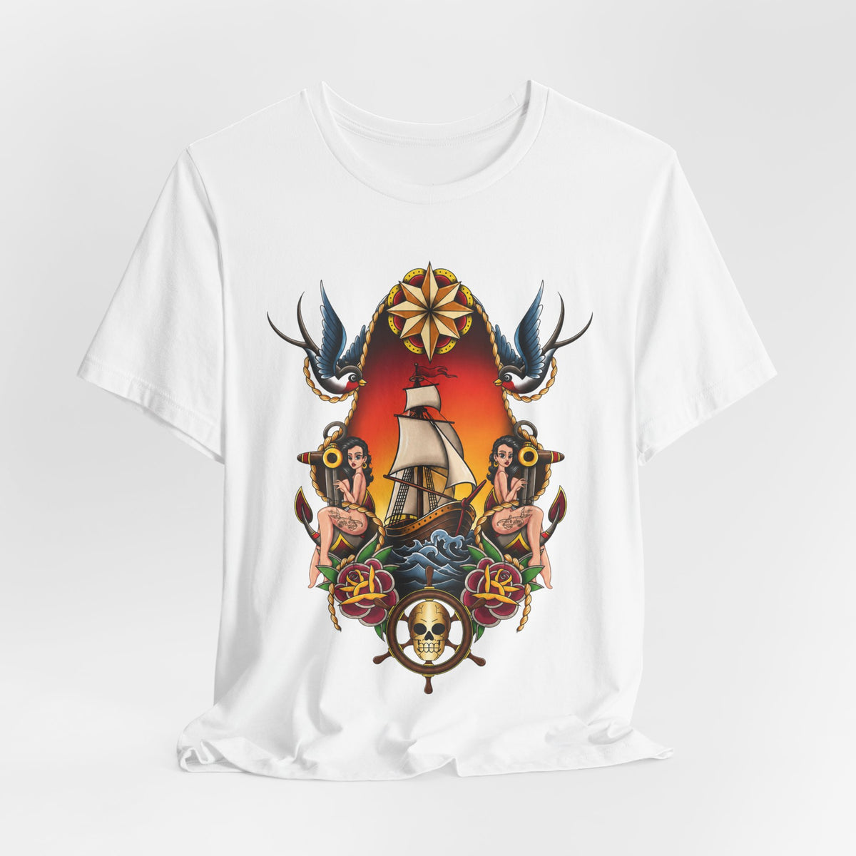 Sailor Tattoo Graphic Tee — Vintage Ship, Swallows & Roses