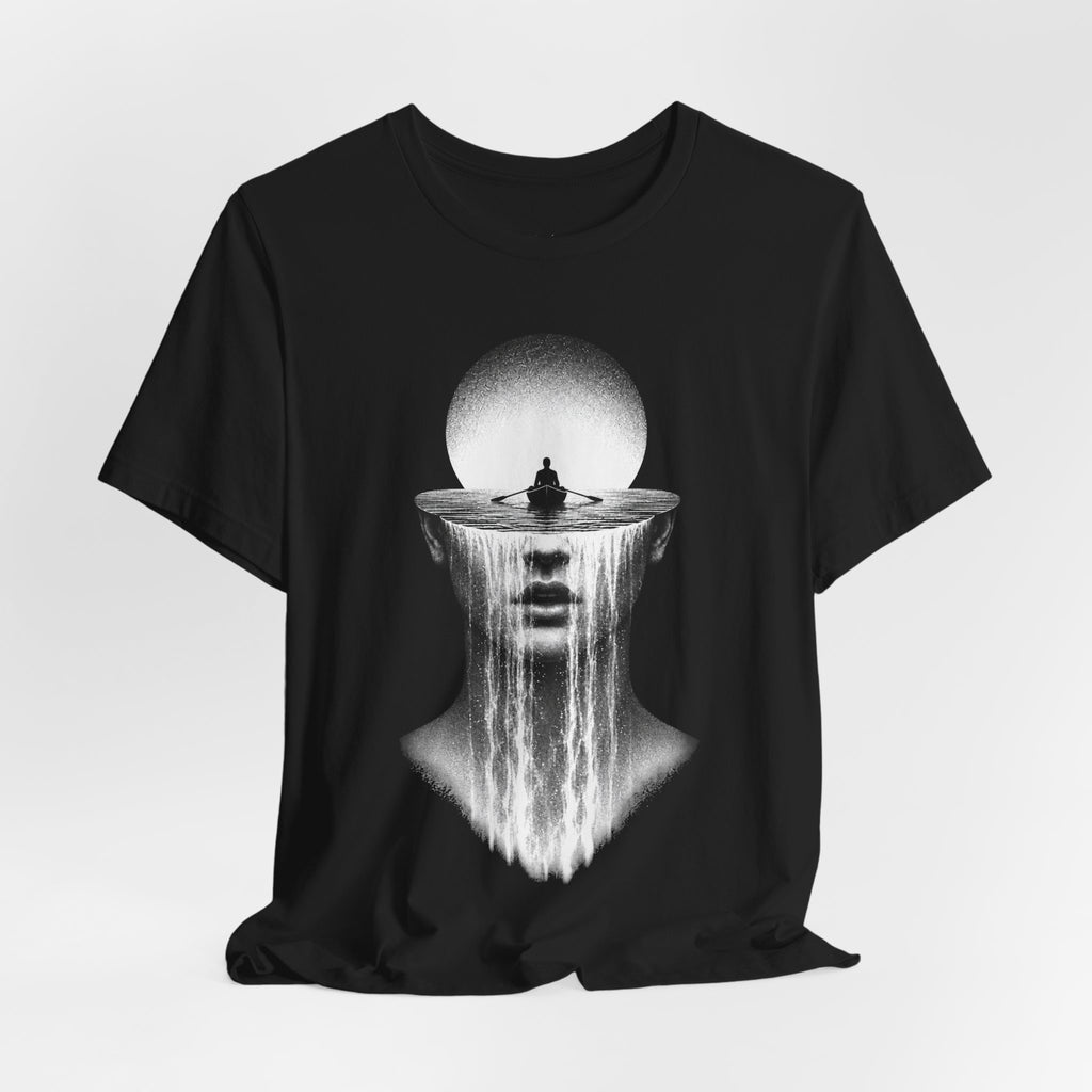 Meditative Waterfall Head Tee — Surreal Mindfulness Graphic T-Shirt