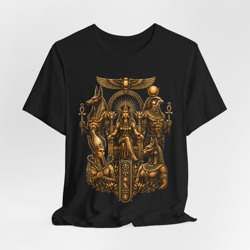 Egyptian Deity Throne Tee – Gold Anubis & Isis Mythology T-Shirt
