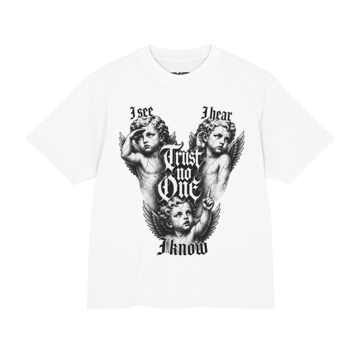 Angel Cherub Graphic Tee — "I See I Hear I Know" Gothic Vintage Streetwear