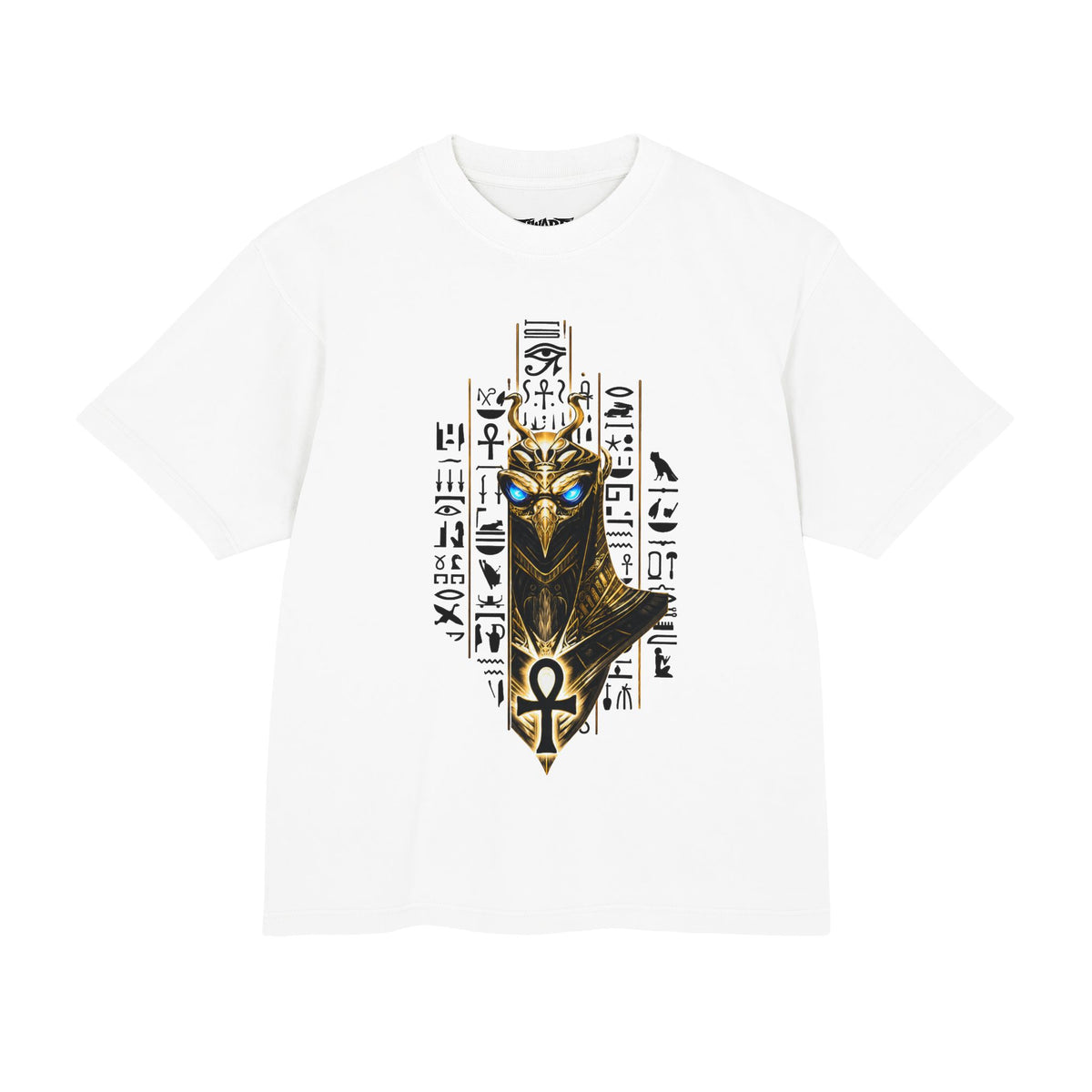 Egyptian Cat Mask T‑Shirt — Ankh & Hieroglyphic Gothic Streetwear