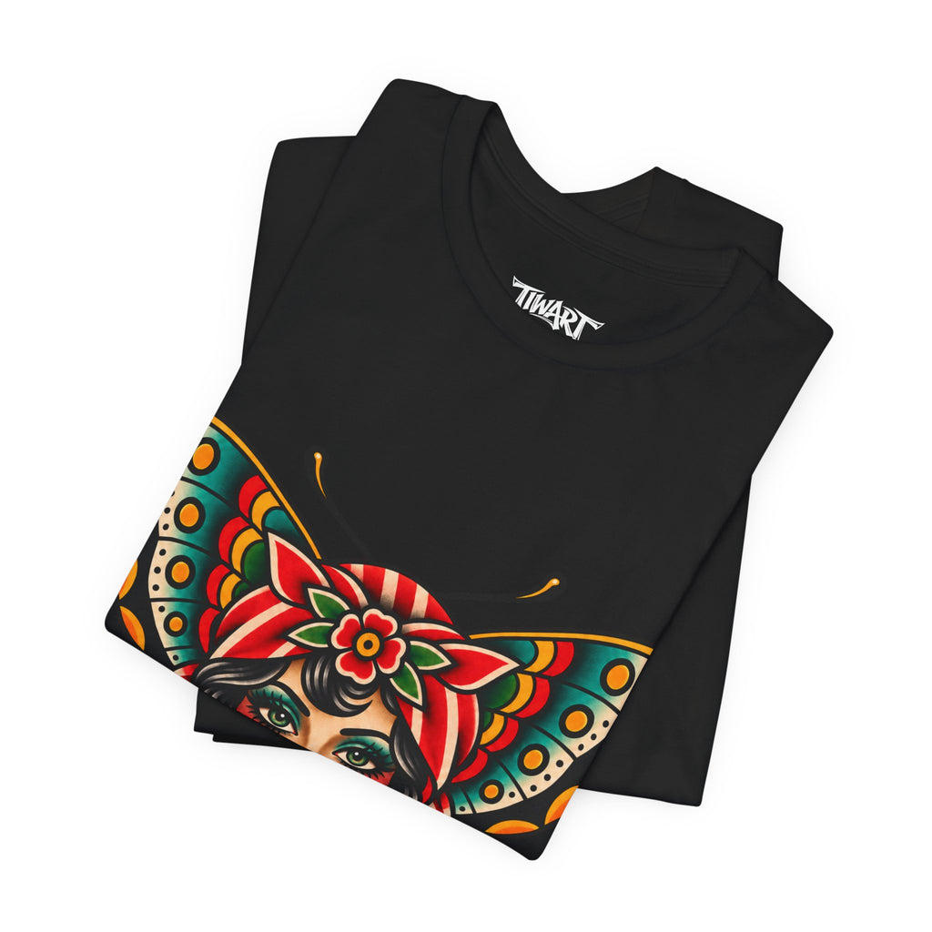 Butterfly Lady Tee — Vintage Tattoo Style Women's Face Graphic T-Shirt