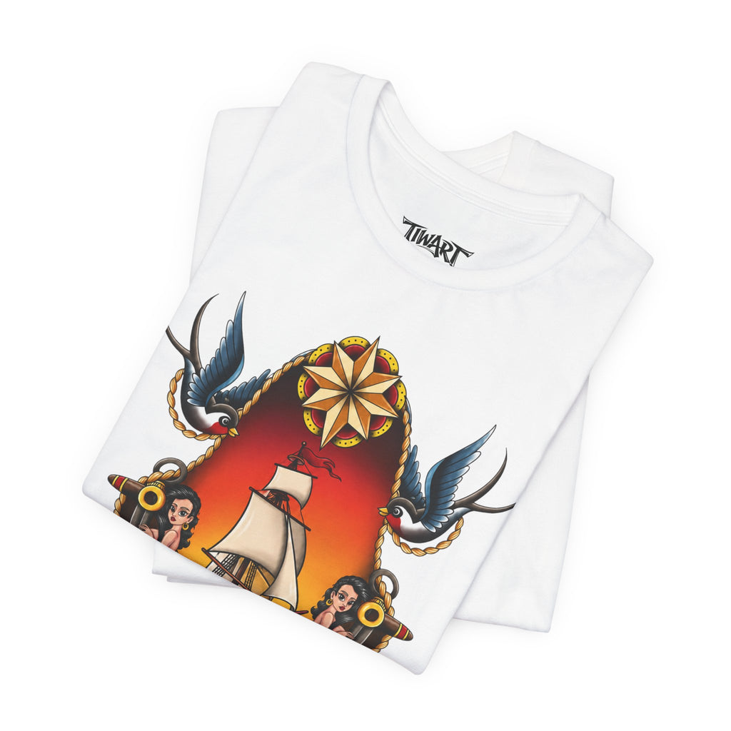 Nautical Ship Tattoo Tee — Vintage Sailboat, Swallows & Skull Graphic T-Shirt