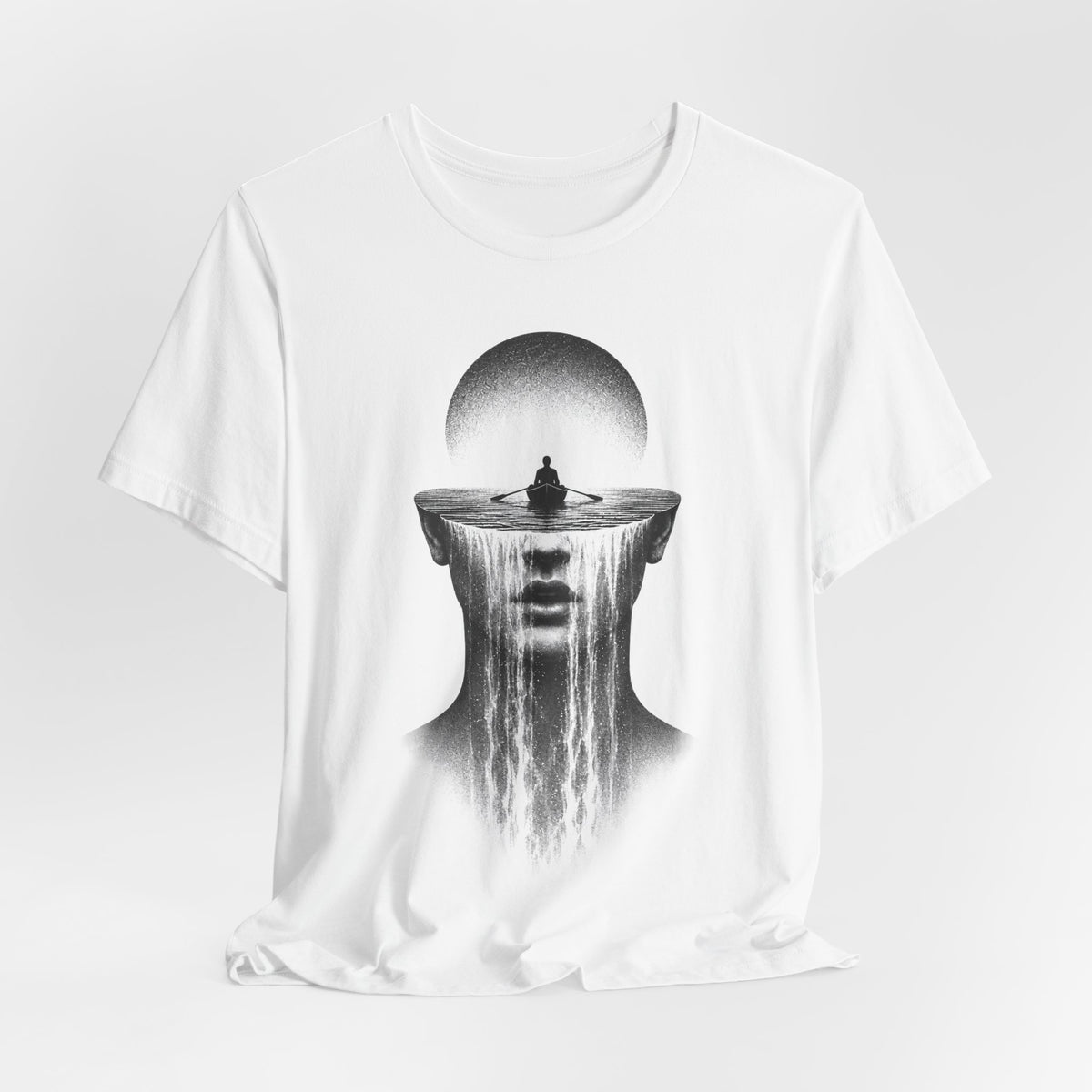 Meditative Waterfall Head Tee — Surreal Mindfulness Graphic T-Shirt