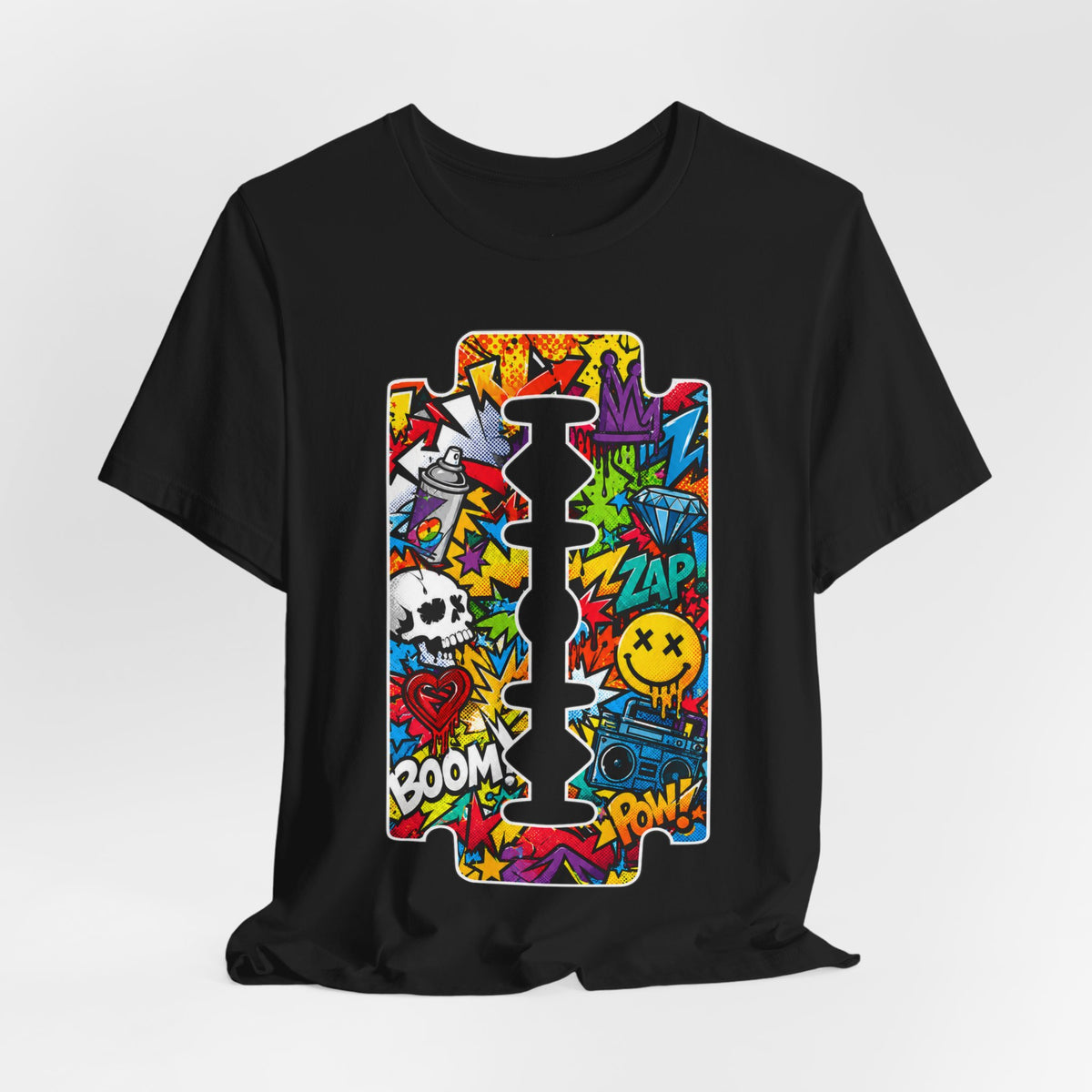 Razor Blade Graffiti Tee — Colorful Street Art Graphic T‑Shirt