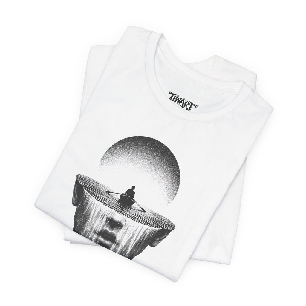 Surreal Riverhead Tee — Mindscape Boat & Waterfall Art T-Shirt