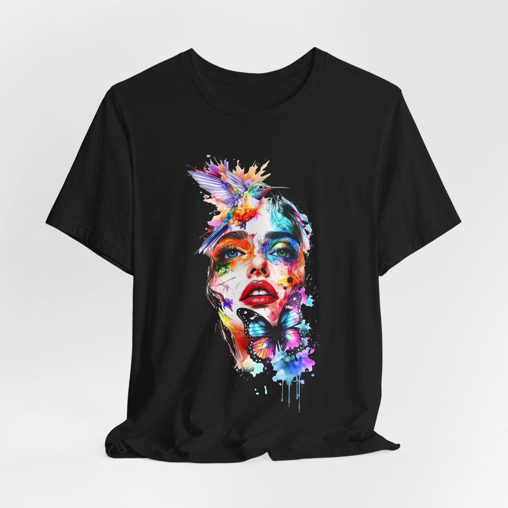 Watercolor Face & Butterfly T-Shirt — Colorful Artistic Portrait Tee
