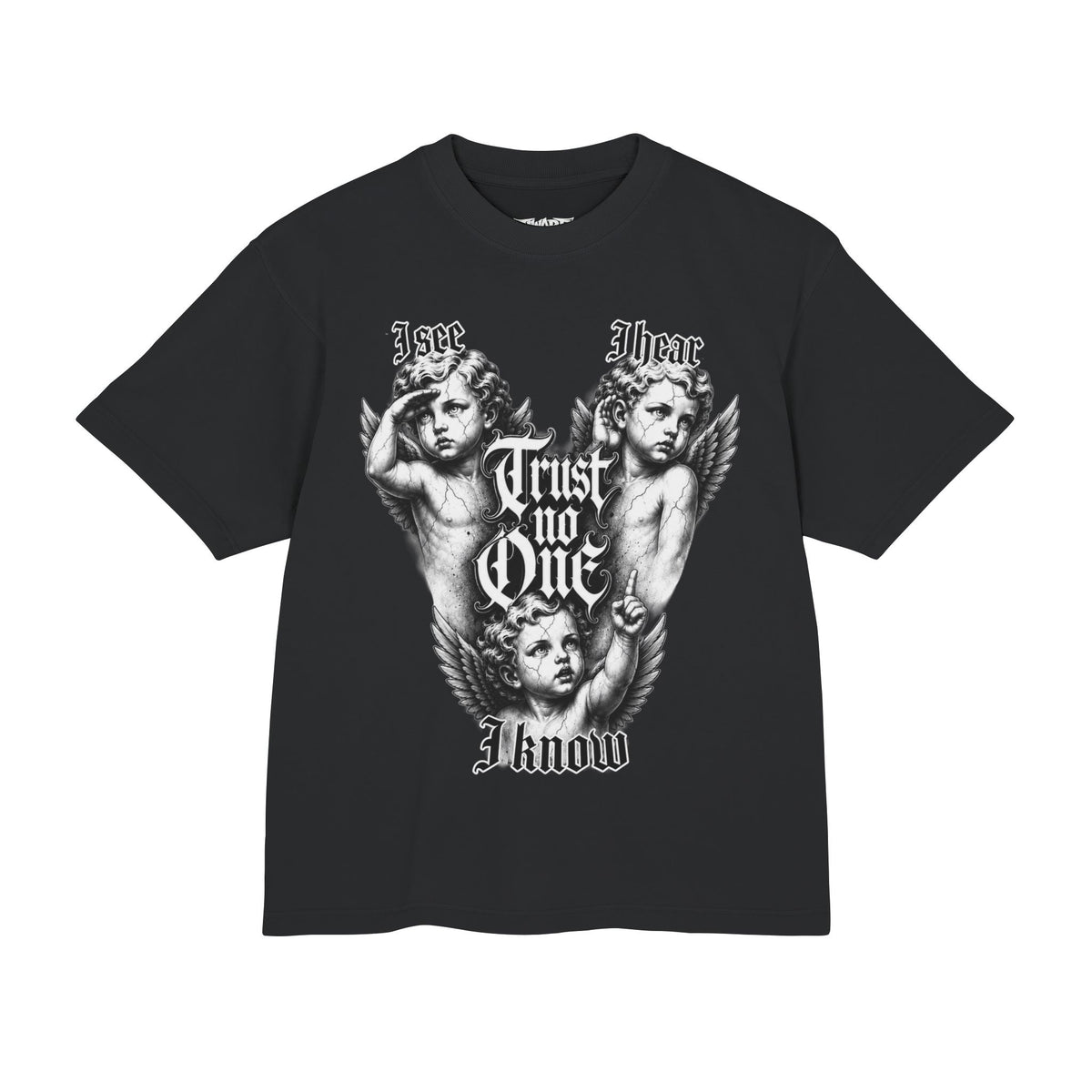 Angel Cherub Graphic Tee — "I See I Hear I Know" Gothic Vintage Streetwear