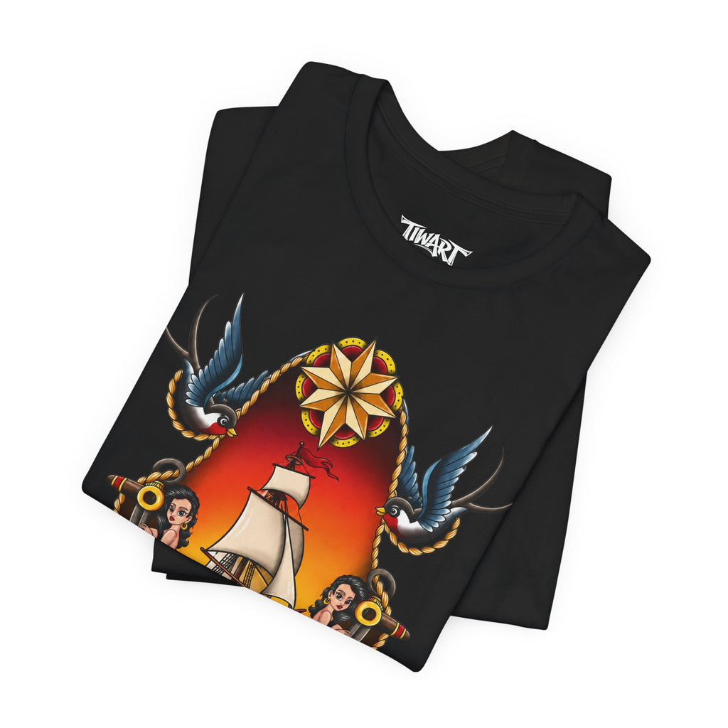 Nautical Ship Tattoo Tee — Vintage Sailboat, Swallows & Skull Graphic T-Shirt