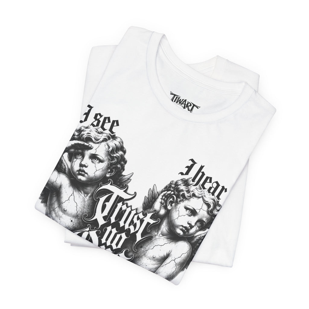 T‑Shirt — Gothic Cherubs 'I See I Hear I Know Trust No One' Vintage Angel Tee