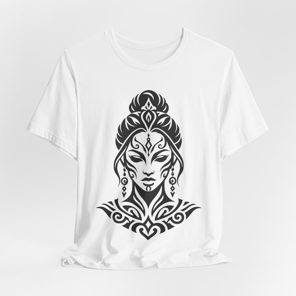 Tribal Goddess Tee — Black Ornamental Female Face Graphic T-Shirt