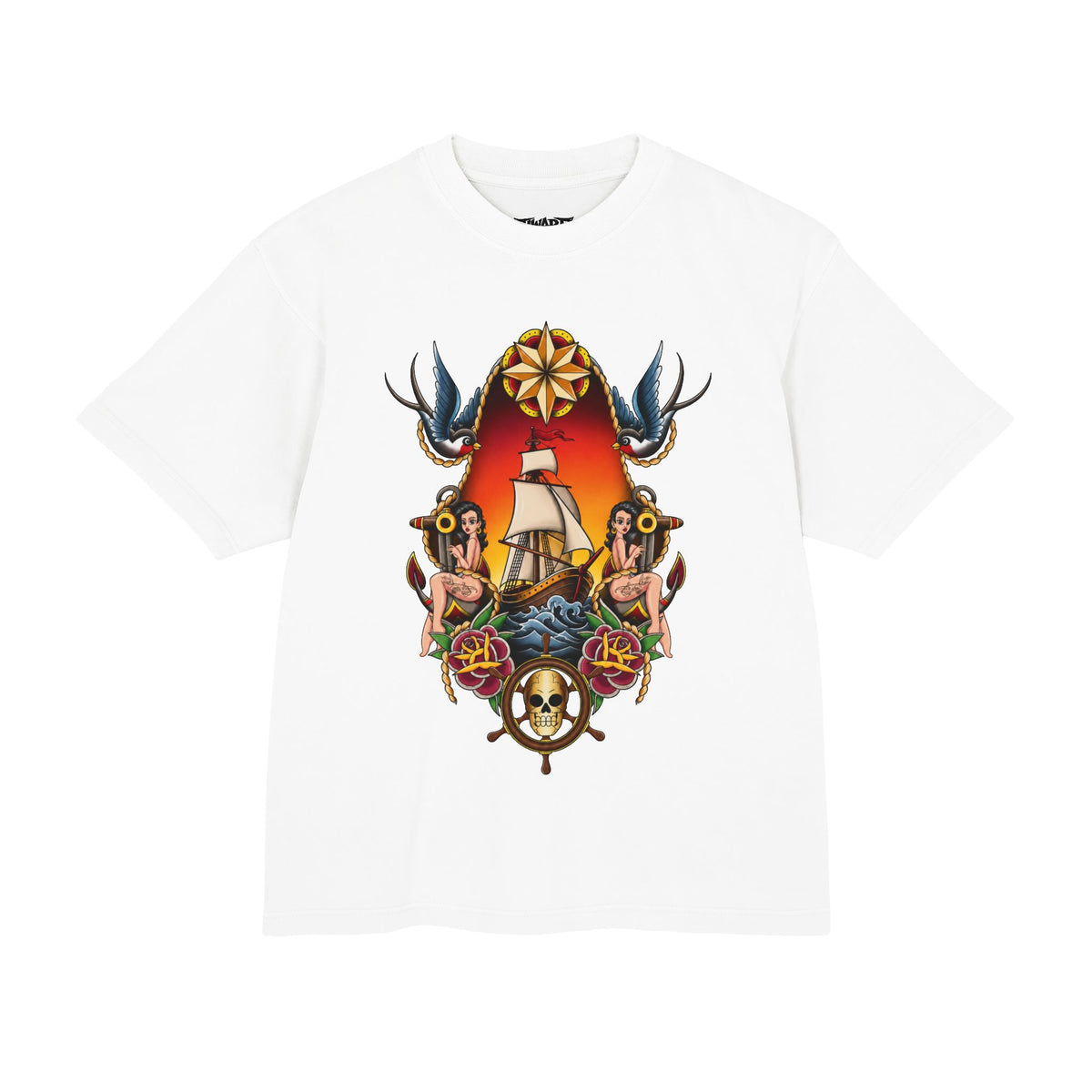 Sailor Tattoo Ship Tee — Nautical Compass & Skull Graphic T-Shirt