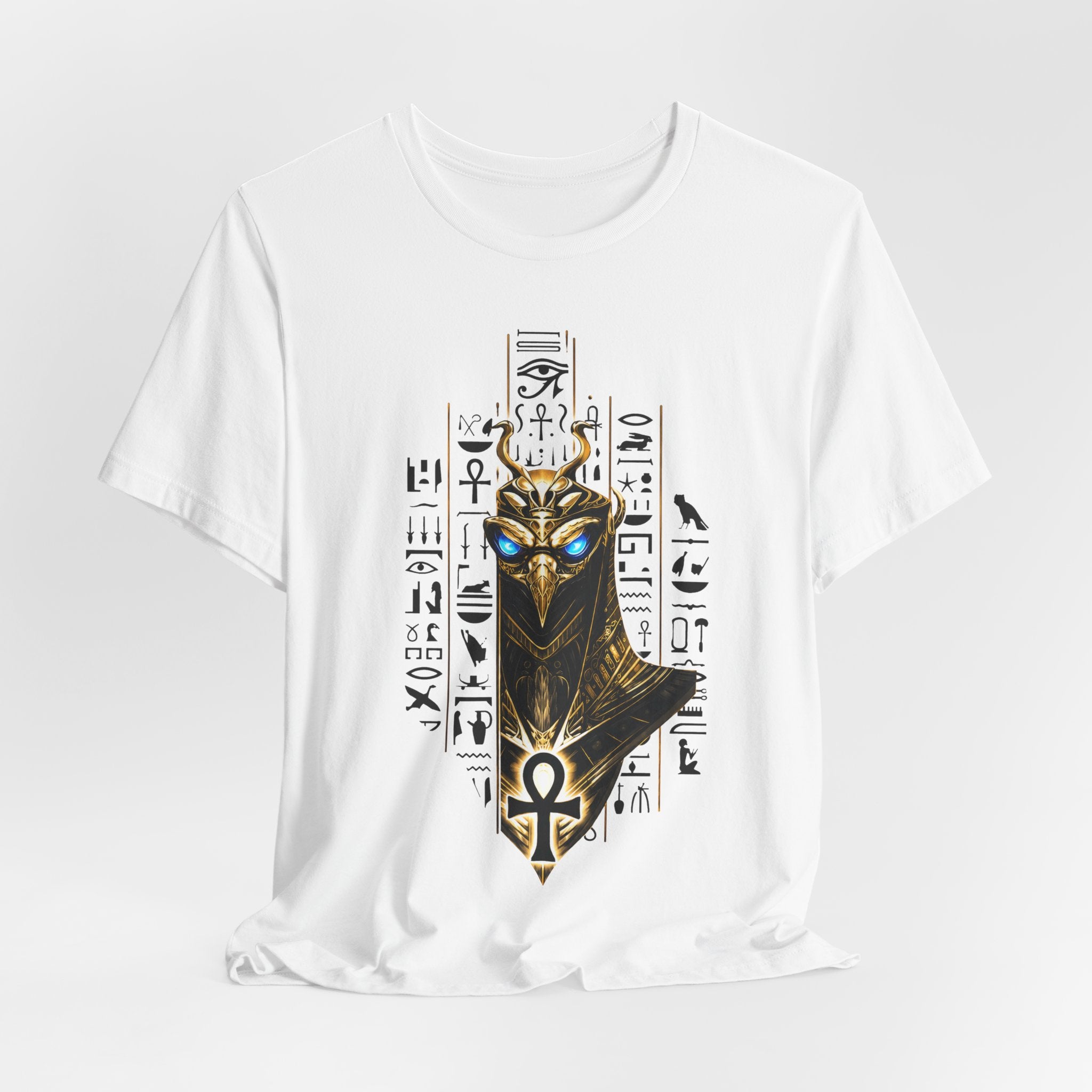 Egyptian Anubis Mask T‑Shirt — Golden Pharaonic Hieroglyph Tee with Ankh
