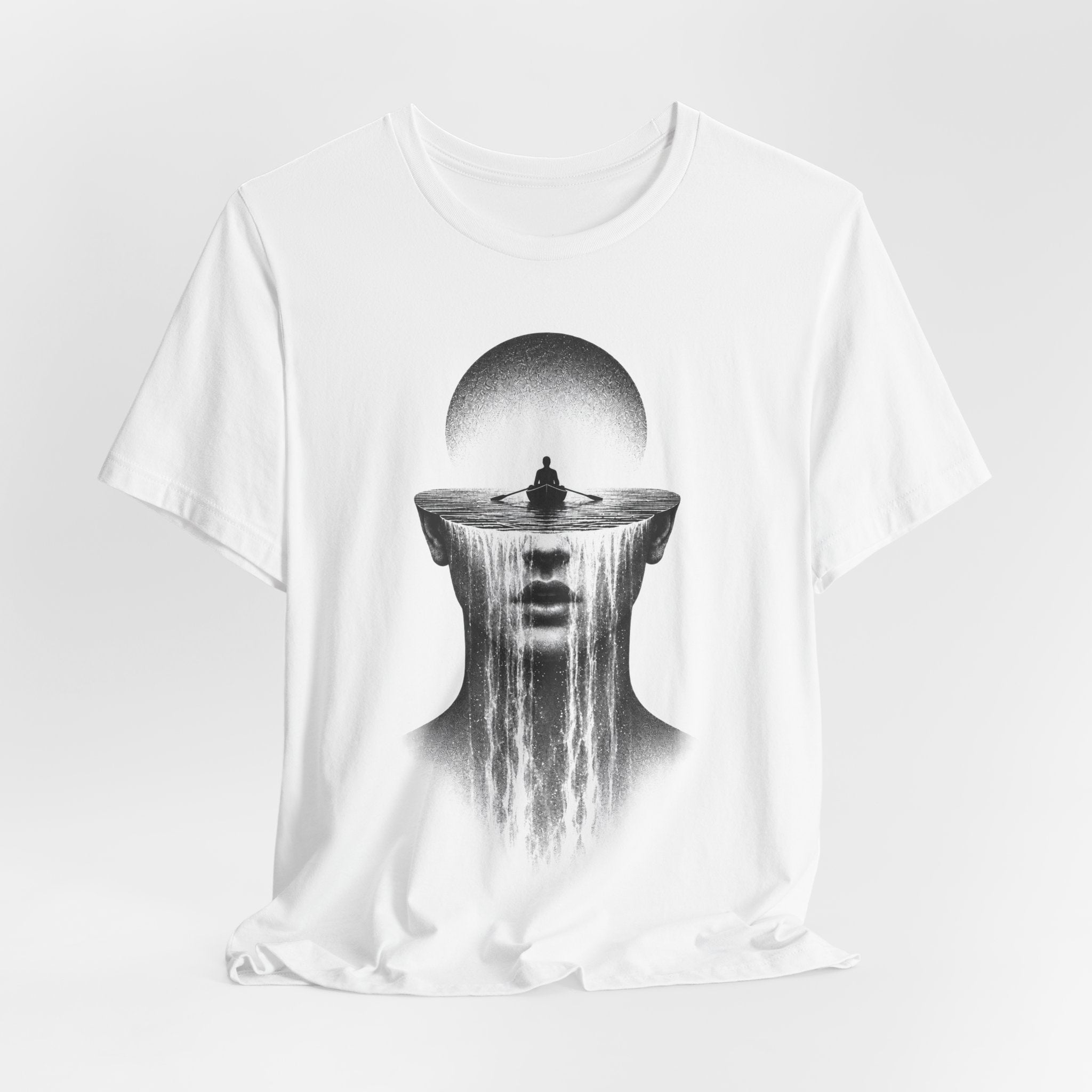 Surreal Riverhead Tee — Mindscape Boat & Waterfall Art T-Shirt