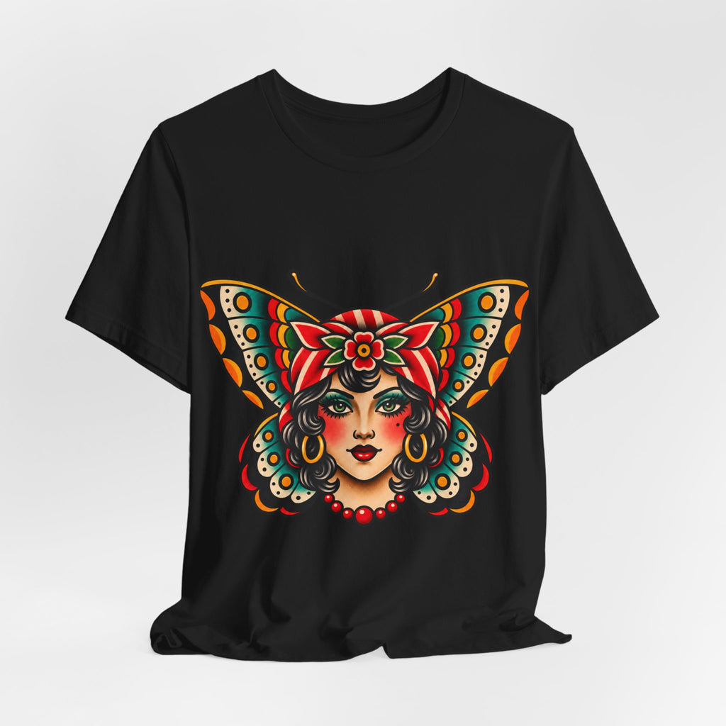Butterfly Lady Tee — Vintage Tattoo Style Women's Face Graphic T-Shirt