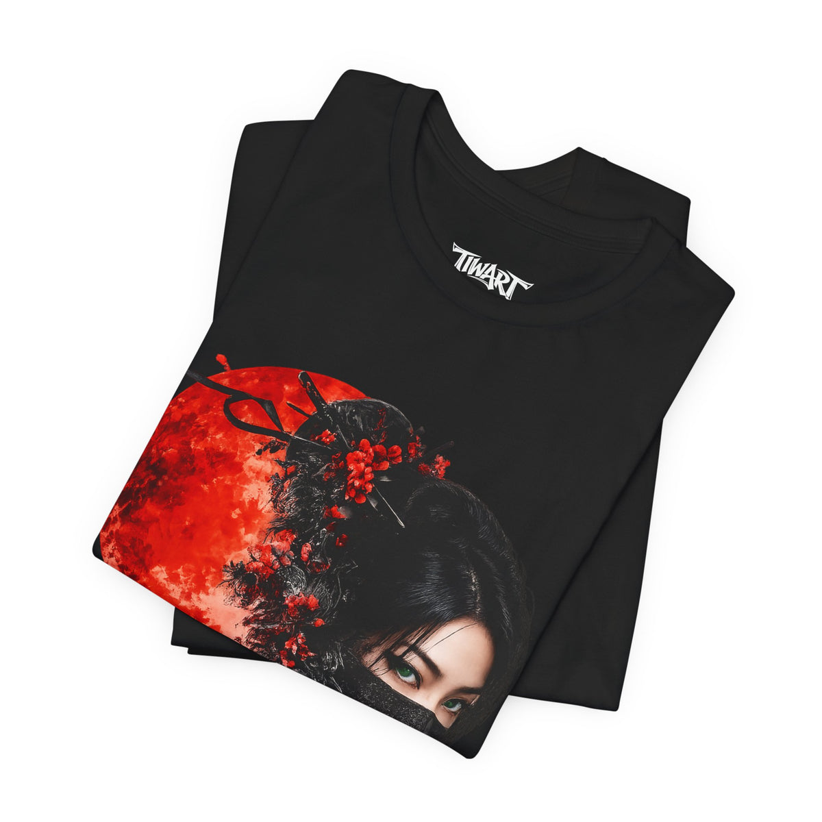 Samurai Moon T-Shirt — Masked Female Warrior with Red Moon and Katana