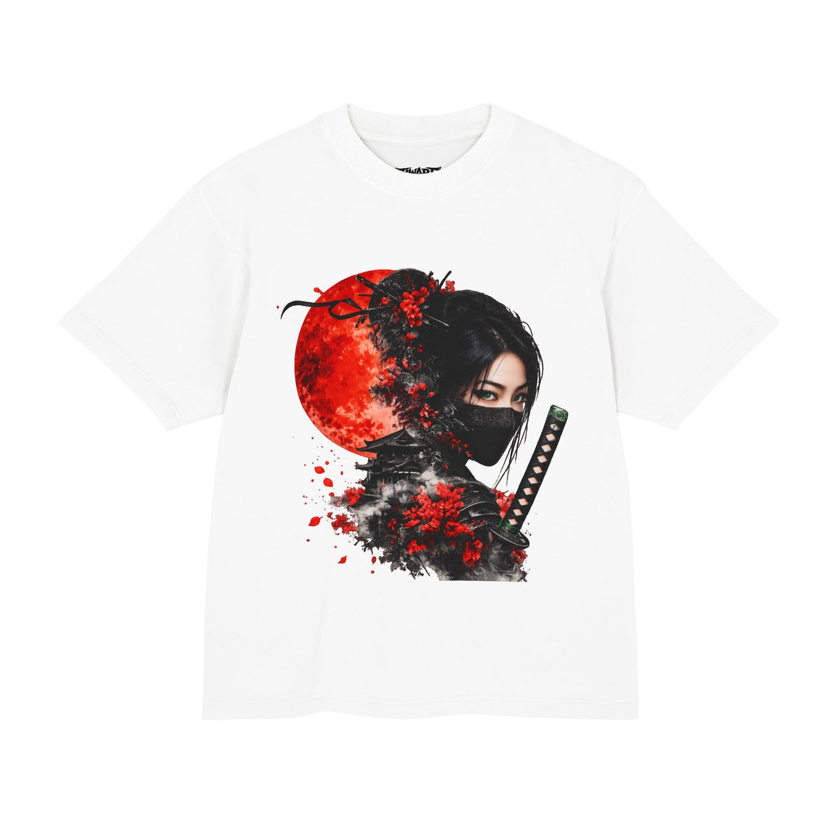 Ninja Woman Tee – Red Moon Katana Graphic T-Shirt