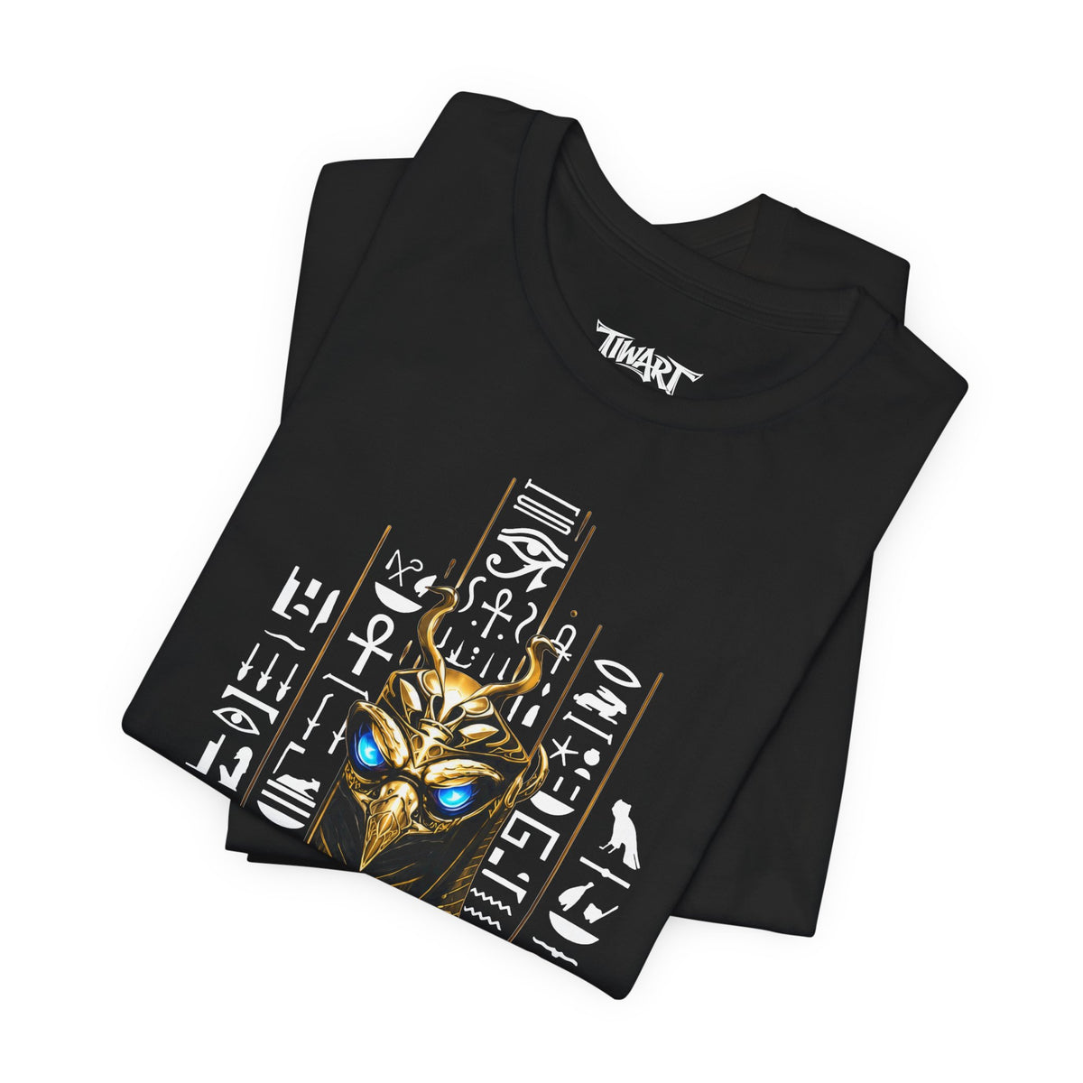 Egyptian Anubis Mask T‑Shirt — Golden Pharaonic Hieroglyph Tee with Ankh