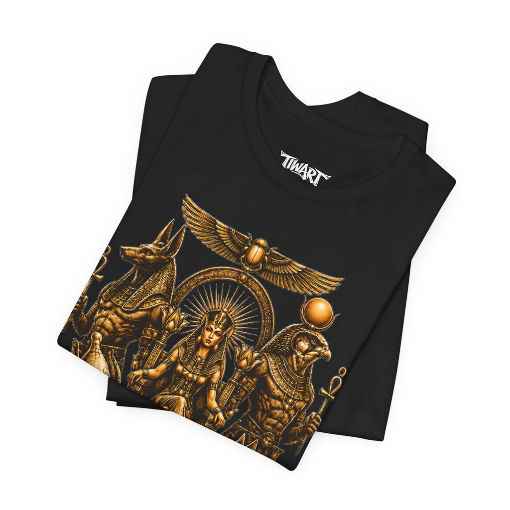 Egyptian Deity Throne Tee – Gold Anubis & Isis Mythology T-Shirt