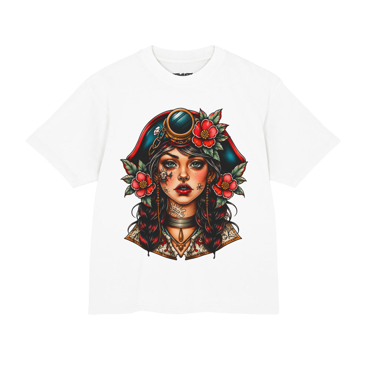 Pirate Rose Tattoo Tee — Vintage Sailor Girl Graphic T-Shirt