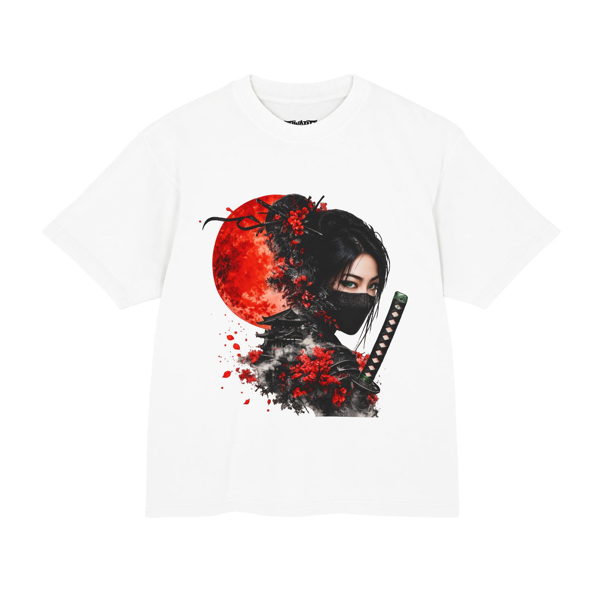 Ninja Moon T-Shirt — Samurai Masked Woman with Red Moon Graphic