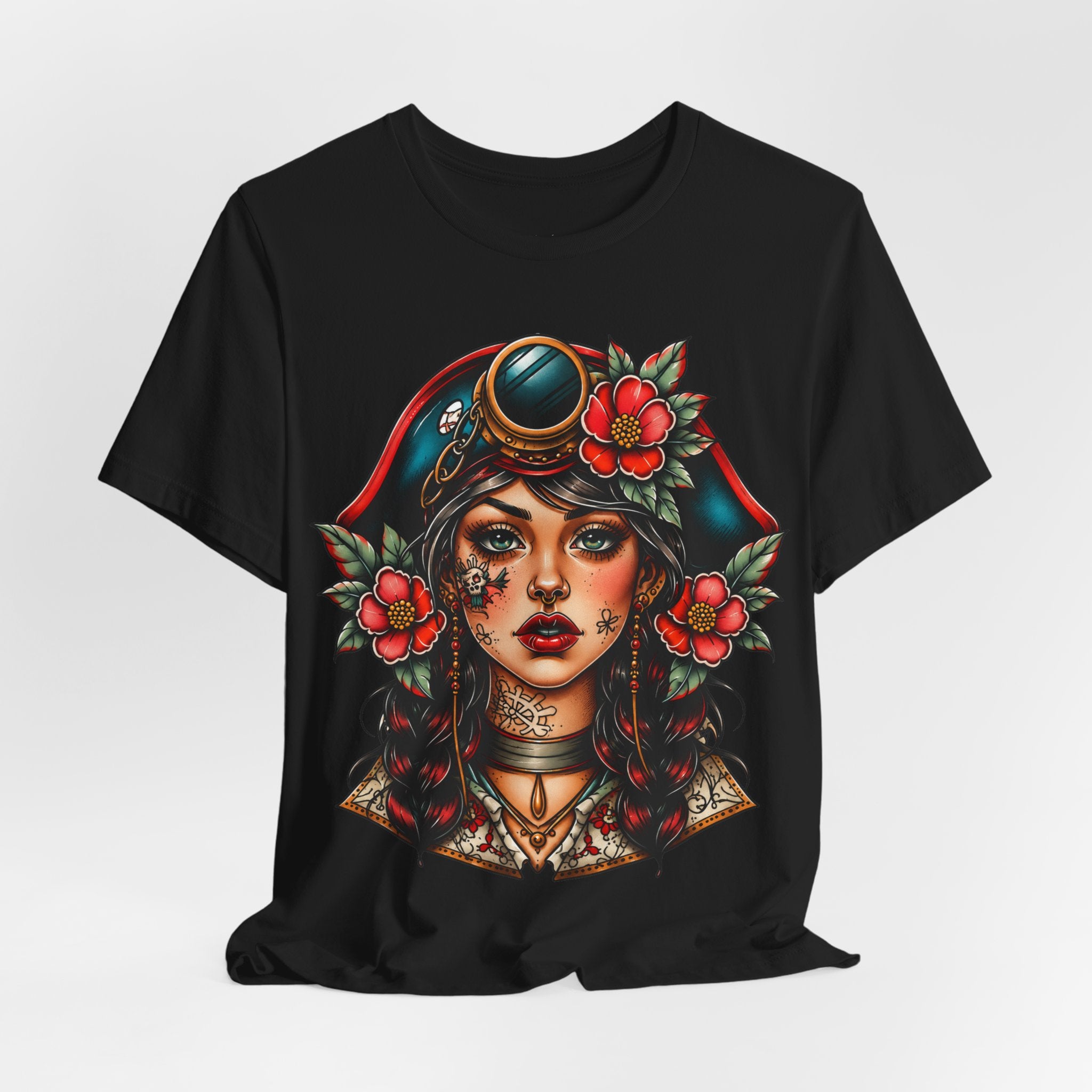 Vintage Pirate Rose Tee — Floral Pirate Woman Graphic T-Shirt
