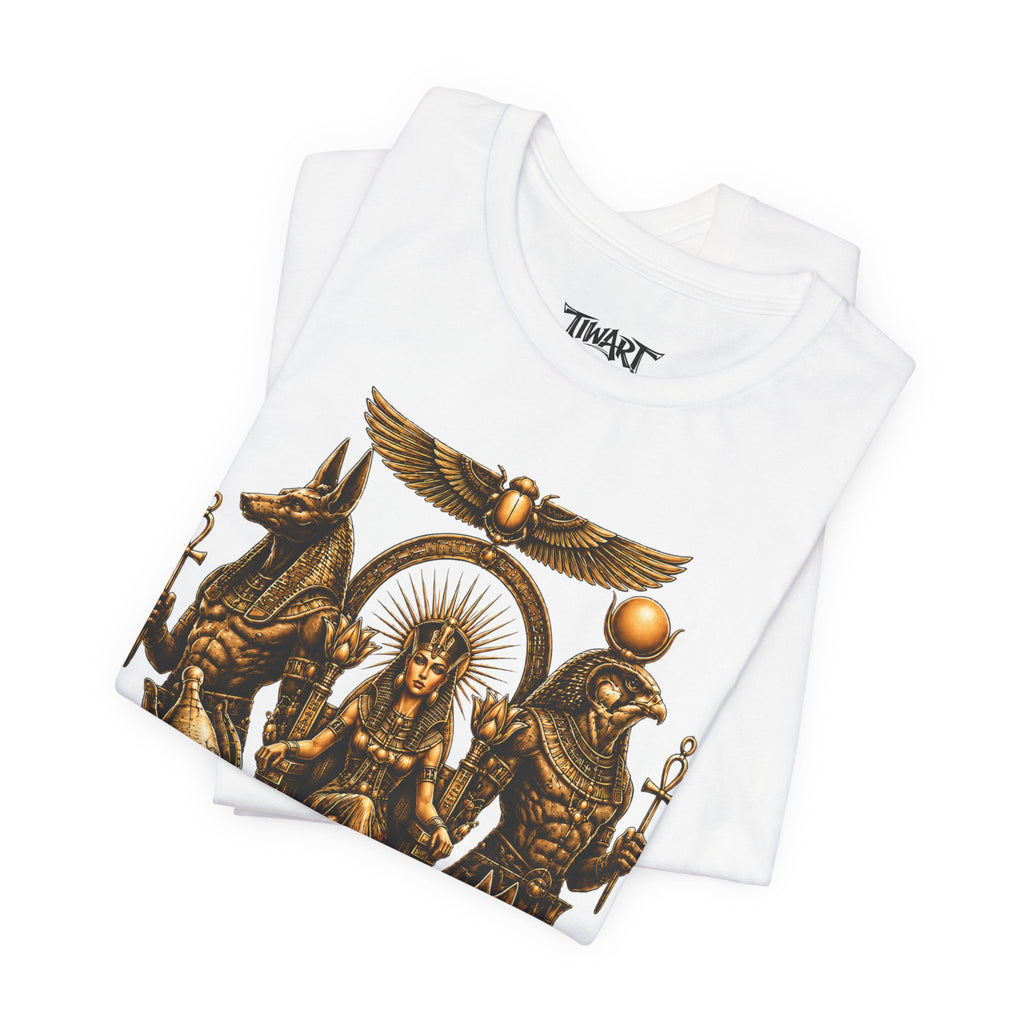 Egyptian Deity Throne Tee – Gold Anubis & Isis Mythology T-Shirt