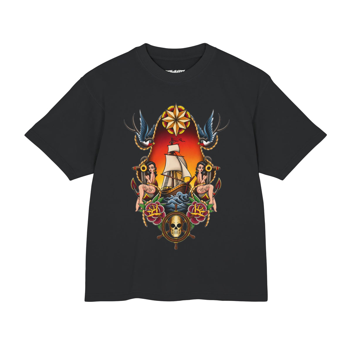 American Traditional Sailor Ship Tattoo-Inspired T-Shirt