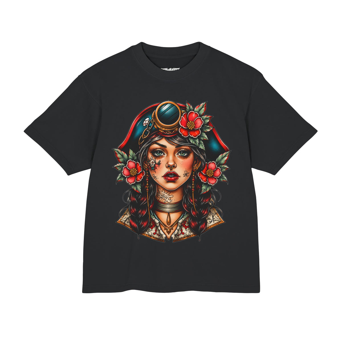 Pirate Rose Tattoo Tee — Vintage Sailor Girl Graphic T-Shirt