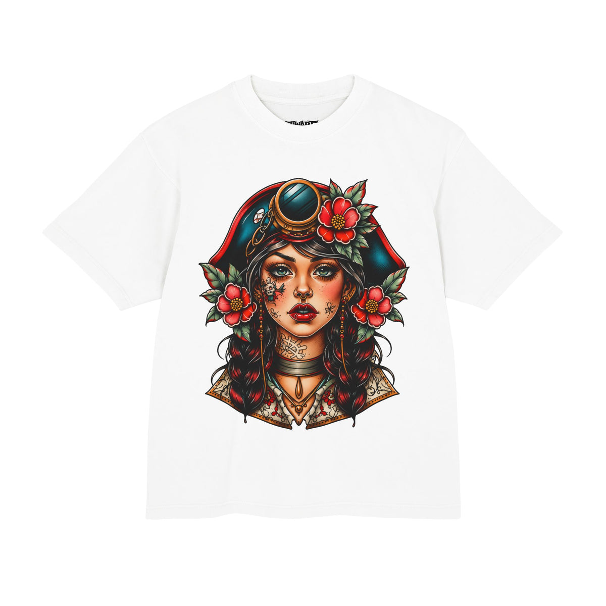 Pirate Rose Tattoo Tee — Vintage Sailor Girl Graphic T-Shirt