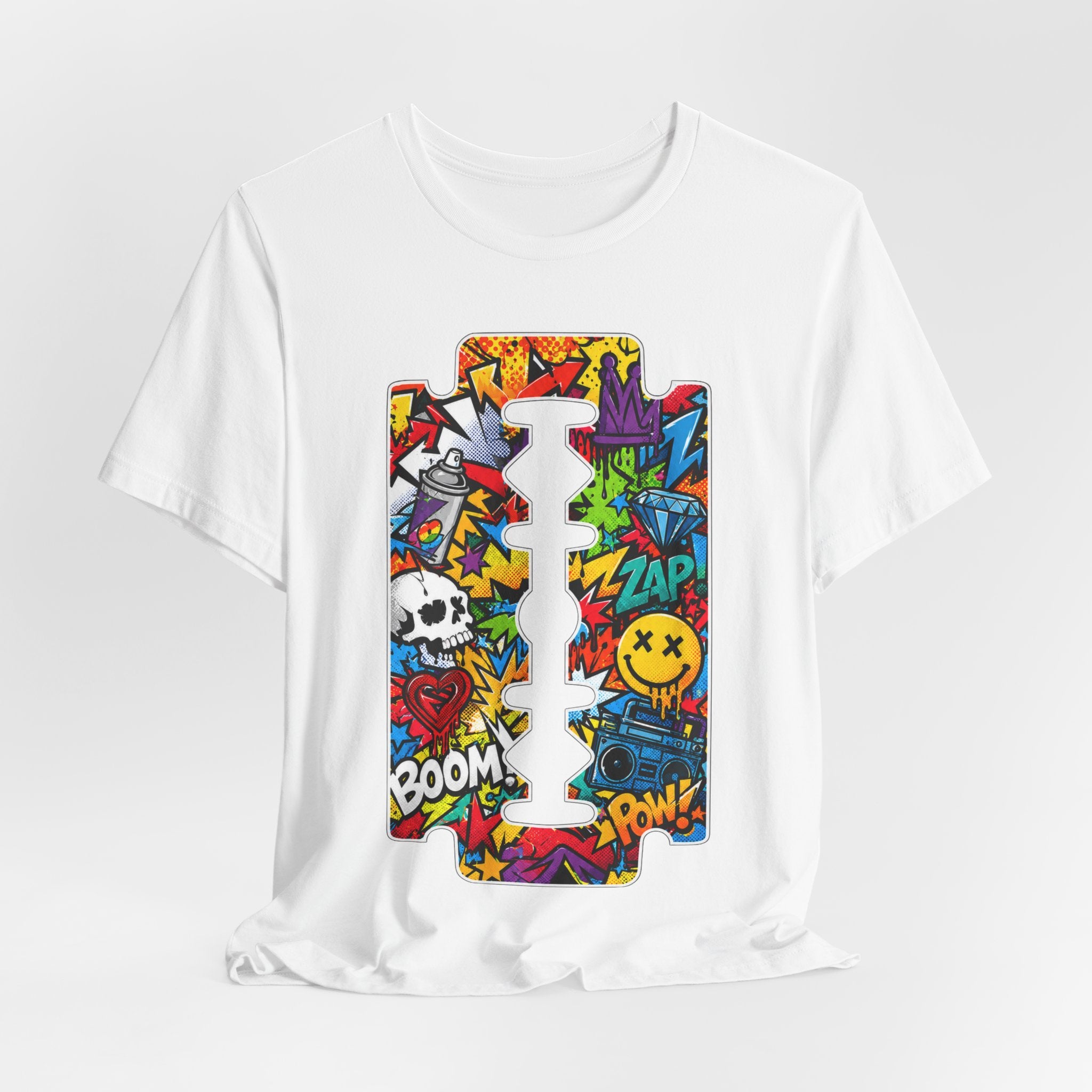Razor Blade Graffiti T-Shirt — Colorful Pop Art Skull & Comic Icons Tee