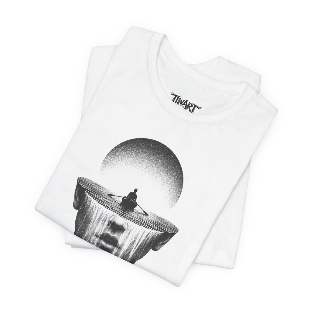 Meditative Waterfall Head Tee — Surreal Mindfulness Graphic T-Shirt