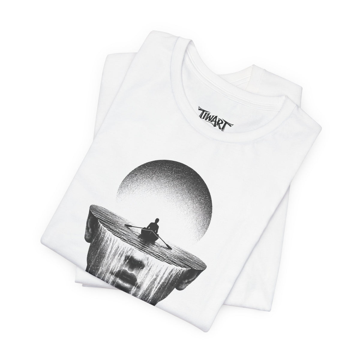 Meditative Waterfall Head Tee — Surreal Mindfulness Graphic T-Shirt