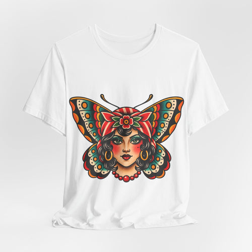 Butterfly Lady Tee — Vintage Tattoo Style Women's Face Graphic T-Shirt