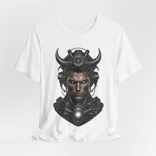 Cyber Samurai T‑Shirt — Futuristic Samurai Helmet Portrait Tee