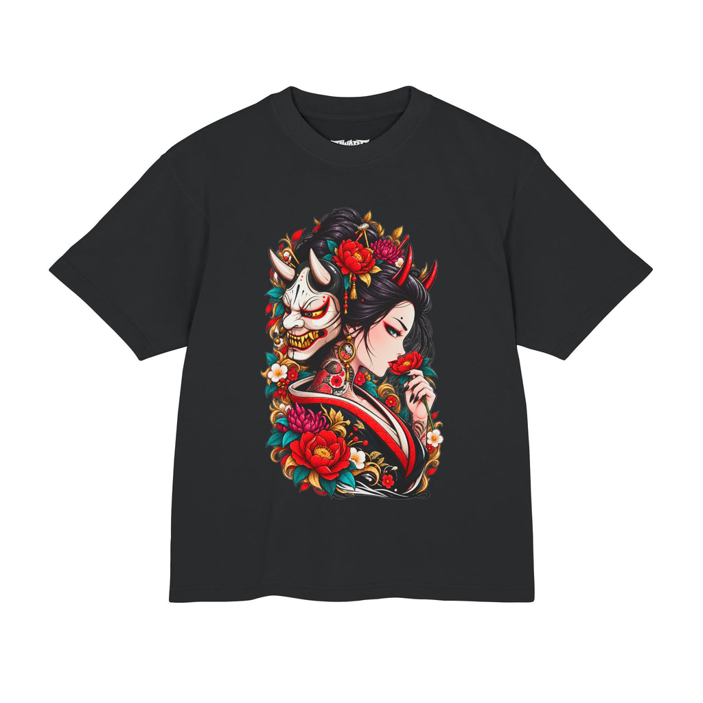Hannya Geisha Floral Tee — Japanese Mask & Flower Graphic T-Shirt