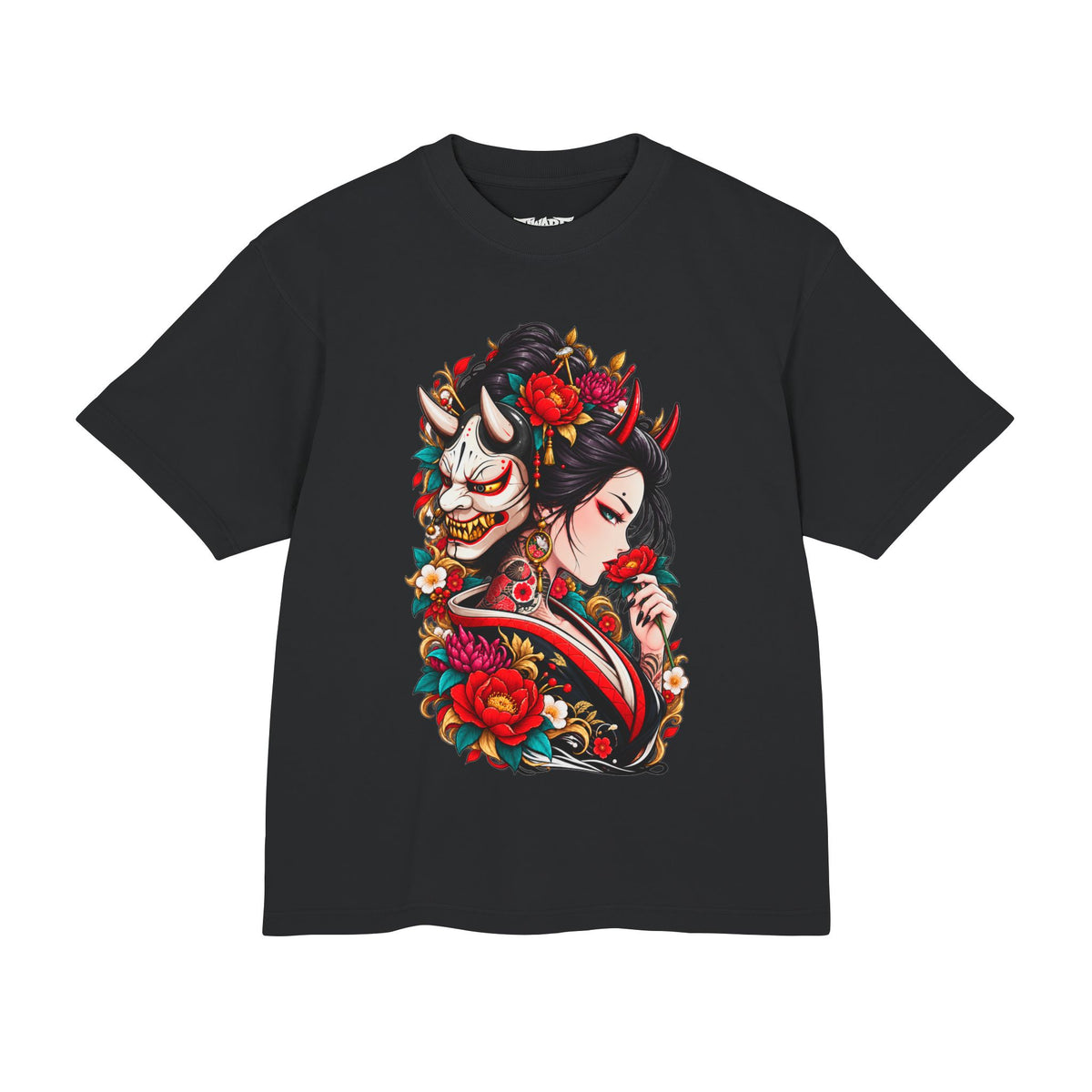Hannya Geisha Floral Tee — Japanese Mask & Flower Graphic T-Shirt