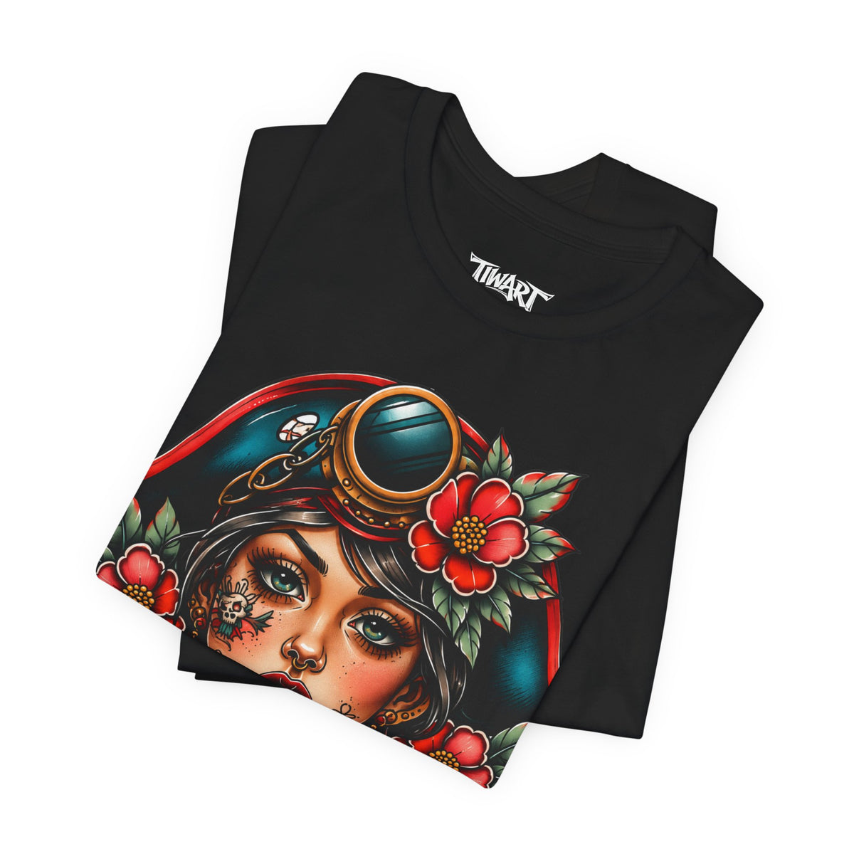 Vintage Pirate Rose Tee — Floral Pirate Woman Graphic T-Shirt