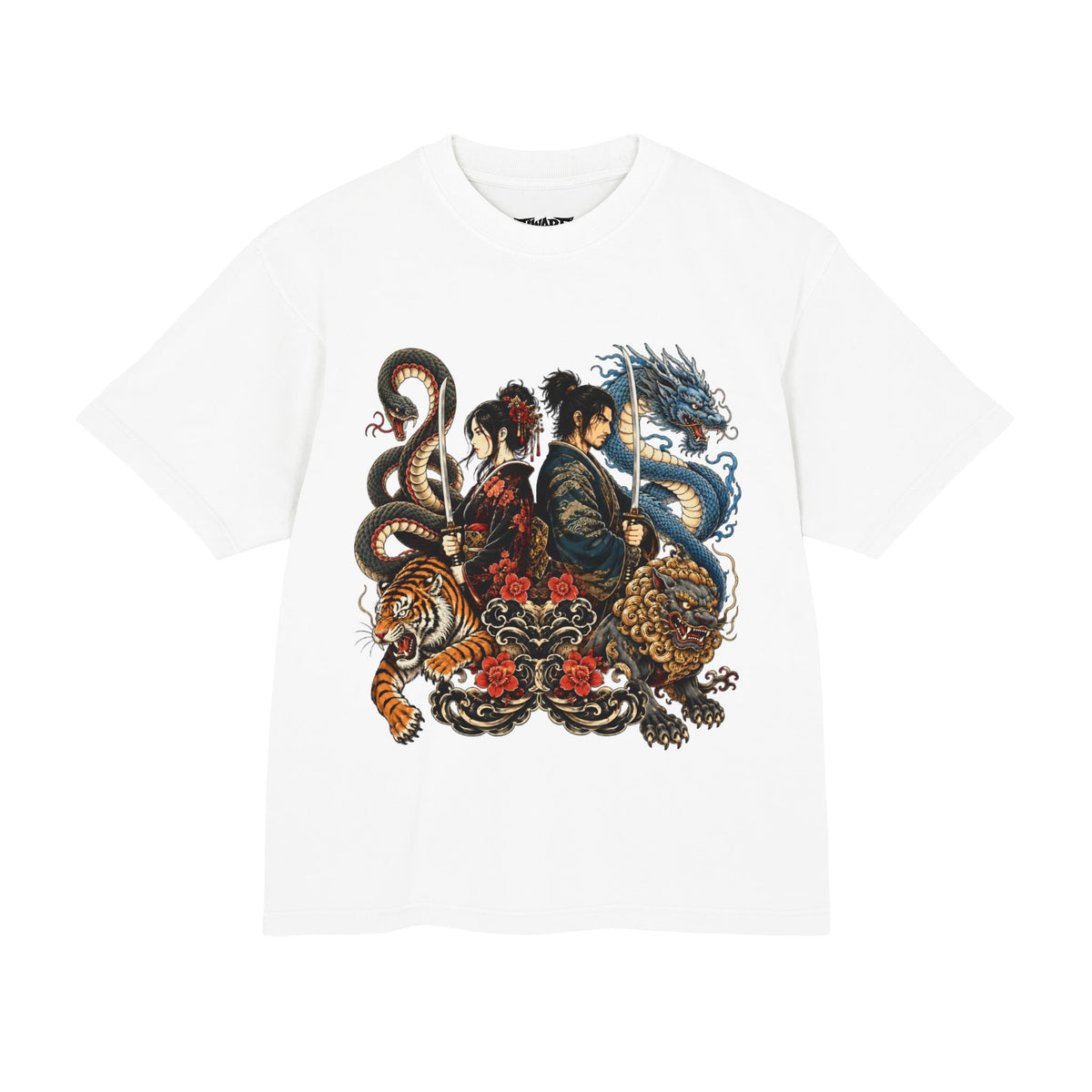 Samurai & Mythic Beasts Graphic Tee — Dragon, Tiger & Snake Japanese Tattoo Design