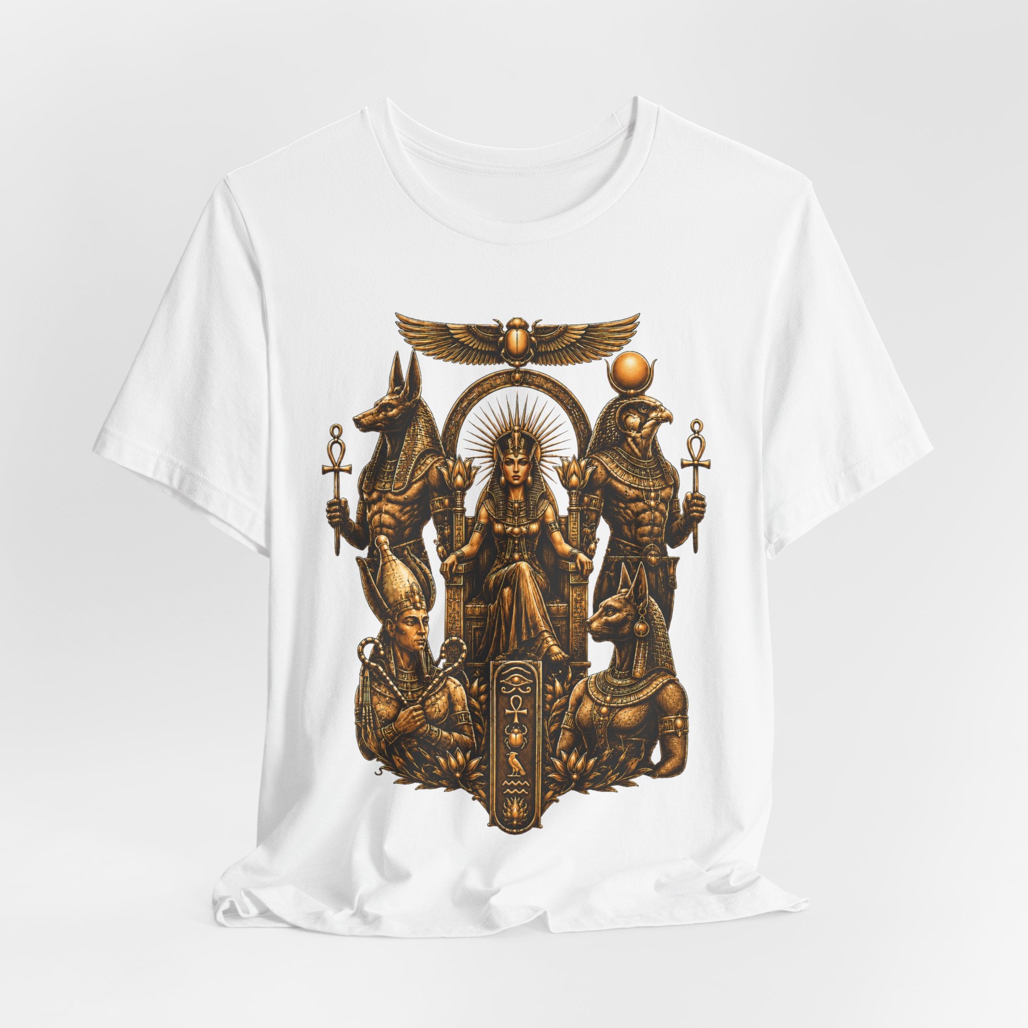 Egyptian Deity Throne Tee – Gold Anubis & Isis Mythology T-Shirt