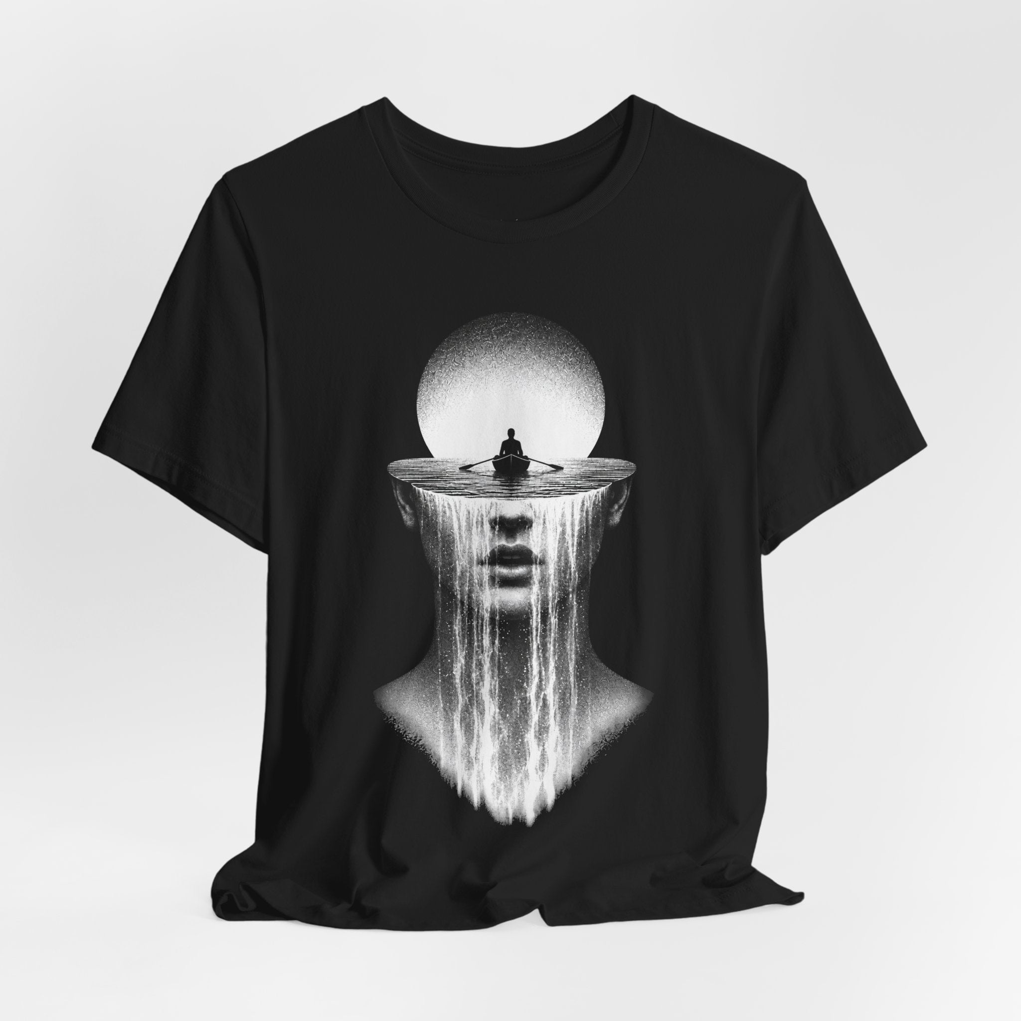 Surreal Riverhead Tee — Mindscape Boat & Waterfall Art T-Shirt