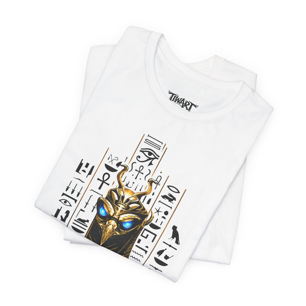 Egyptian Anubis Mask T‑Shirt — Golden Pharaonic Hieroglyph Tee with Ankh